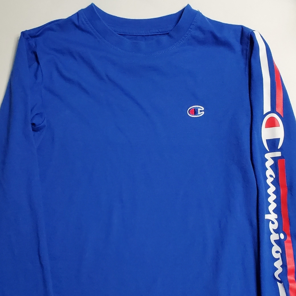 Champion Kids Boys Blue Long Sleeve Logo Pullover Crew Neck Tee Shirt M
